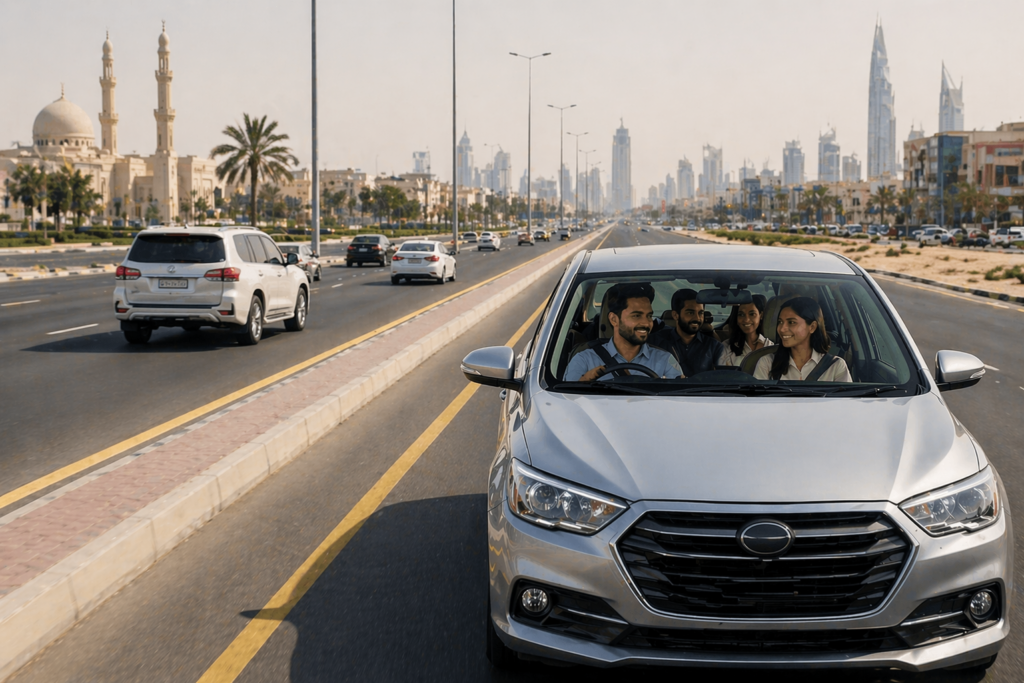 Carlift to Jebel Ali Freezone with passengers commuting from Sharjah on a Dubai highway with skyline view