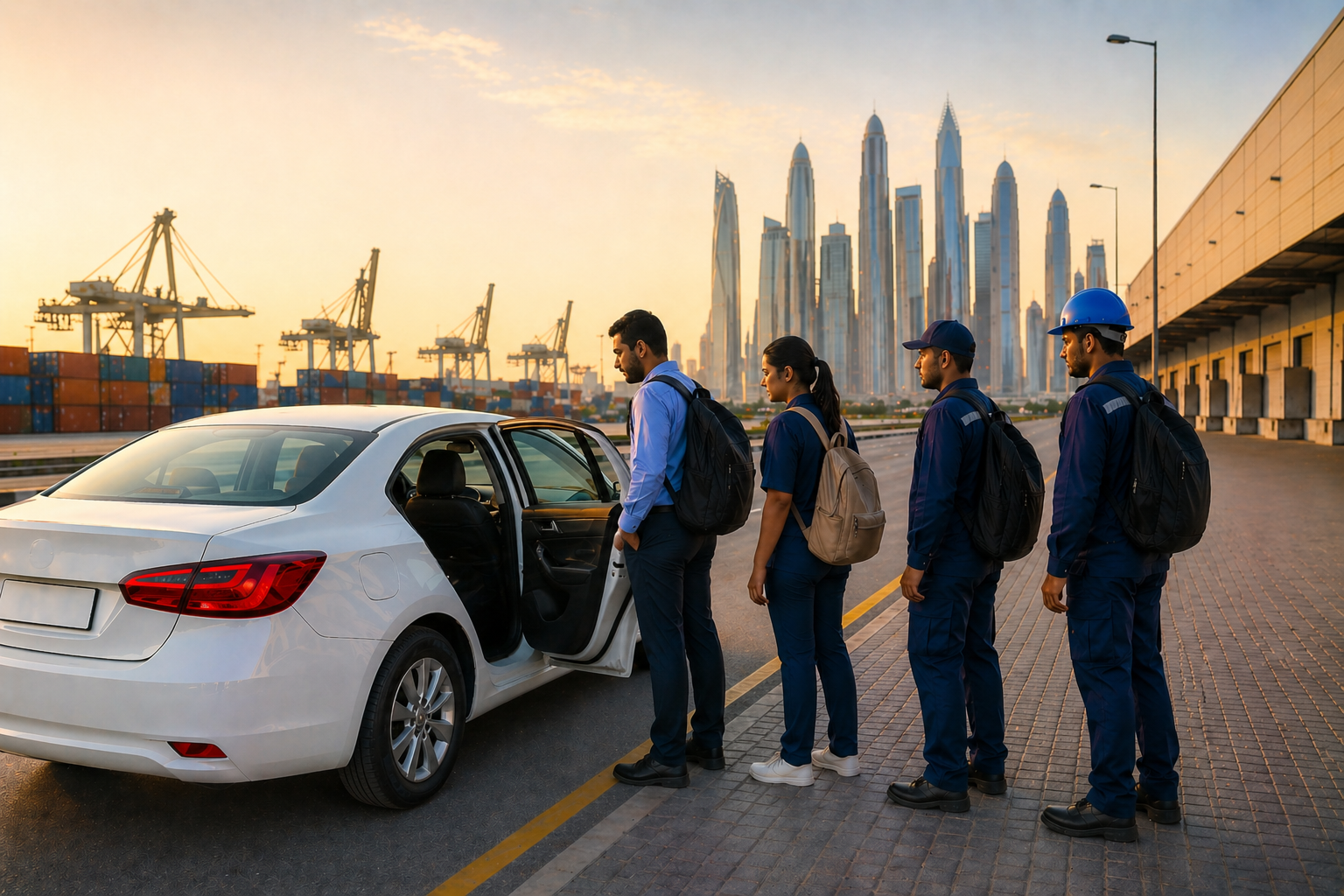 Workers standing in line at an open car door ready to enter a carlift near a port area with Dubai skyline in the background.
