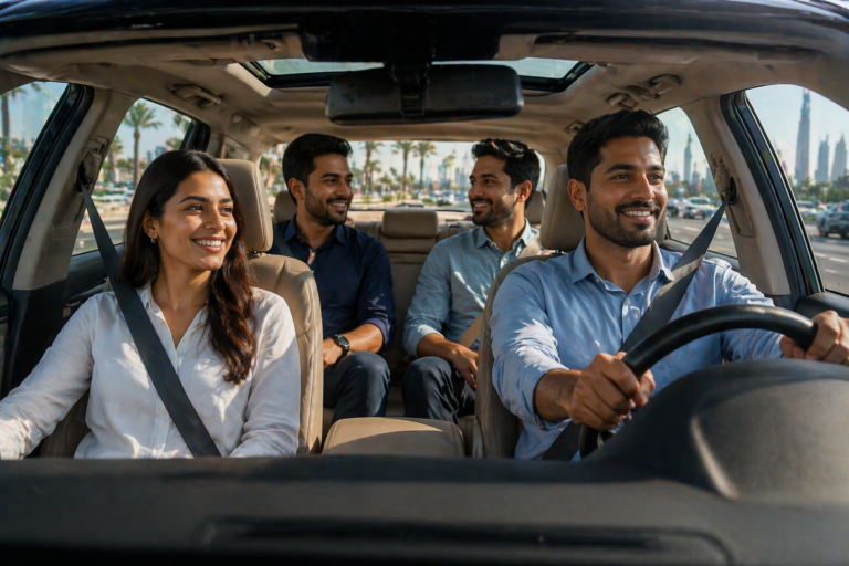 Comfortable Sharjah to Jebel Ali Carlift interior with relaxed passengers commuting on a modern UAE highway during daily travel between Sharjah and Jebel Ali.