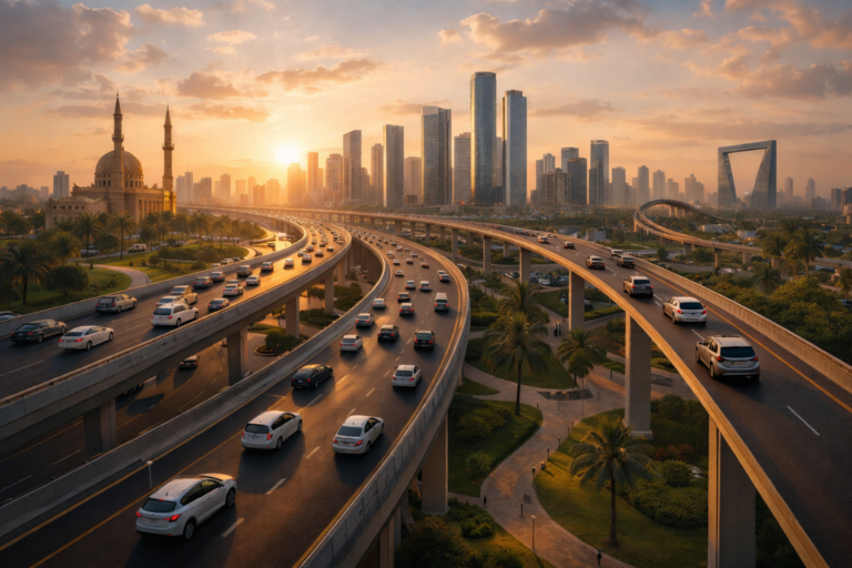 Busy UAE highway connecting Sharjah to Jebel Ali during sunset with heavy commuter traffic representing daily car lift transportation for Jebel Ali Free Zone workers.
