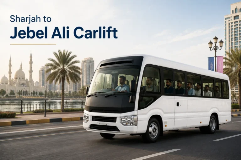 Professional Sharjah to Jebel Ali Carlift service featuring a white commuter bus with passengers travelling through Sharjah city. The image highlights daily staff transportation between Sharjah and Jebel Ali with a modern urban backdrop.
