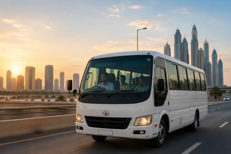 White commuter bus providing Sharjah to Jebel Ali Transport service, traveling on a Sharjah highway with the city skyline in the background during sunrise.