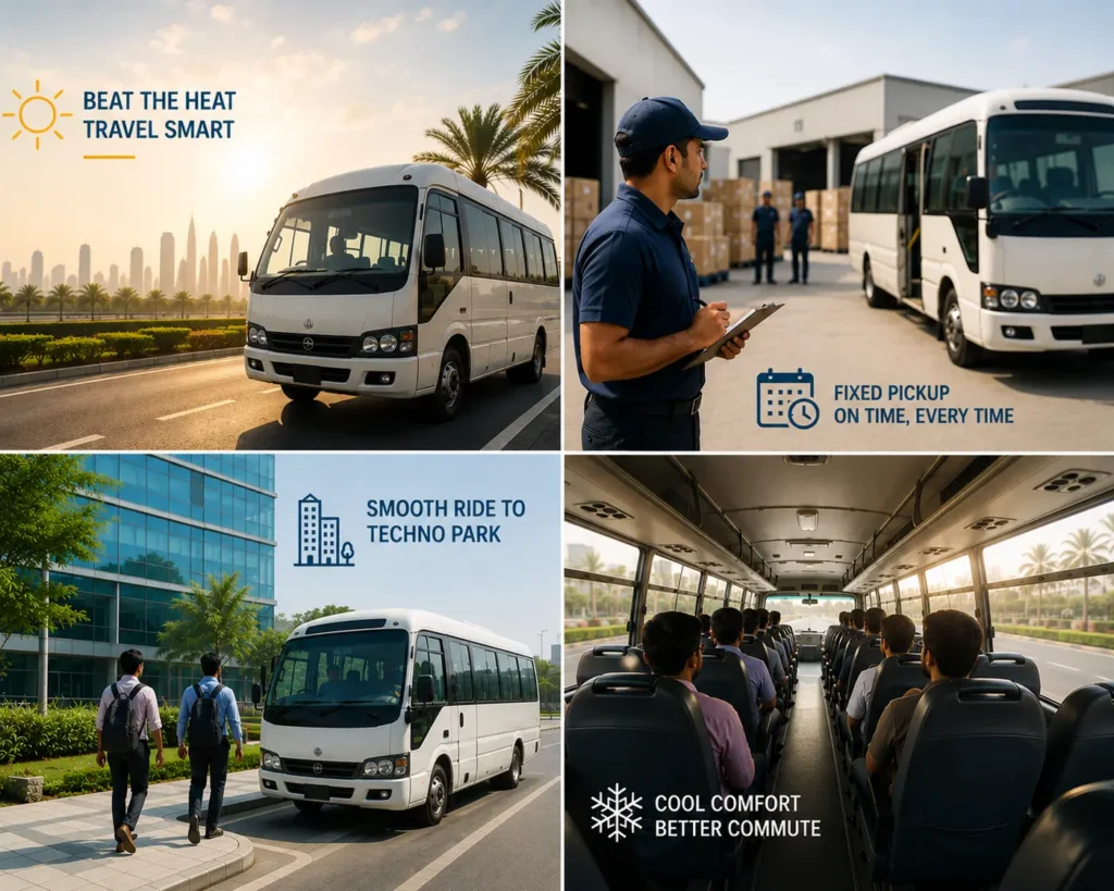 Sharjah to Jebel Ali Transport service featuring comfortable staff buses, fixed pickup schedules, air-conditioned vehicles, and daily commuting to Jebel Ali Freezone and Techno Park.