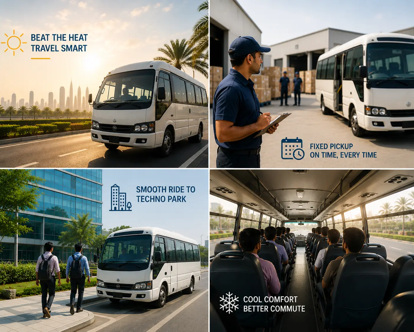 Sharjah to Jebel Ali Transport service featuring comfortable staff buses, fixed pickup schedules, air-conditioned vehicles, and daily commuting to Jebel Ali Freezone and Techno Park.