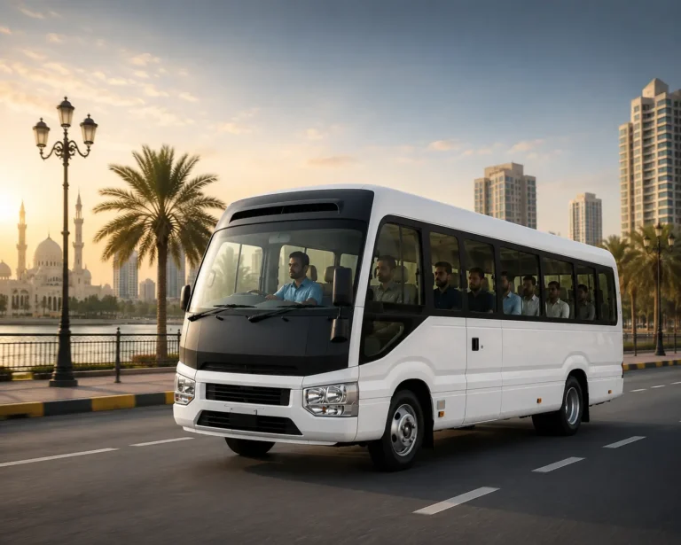 Sharjah to Jebel Ali Transport bus with driver and passengers commuting daily between Sharjah and Jebel Ali for work in offices, warehouses, logistics hubs, and industrial facilities.