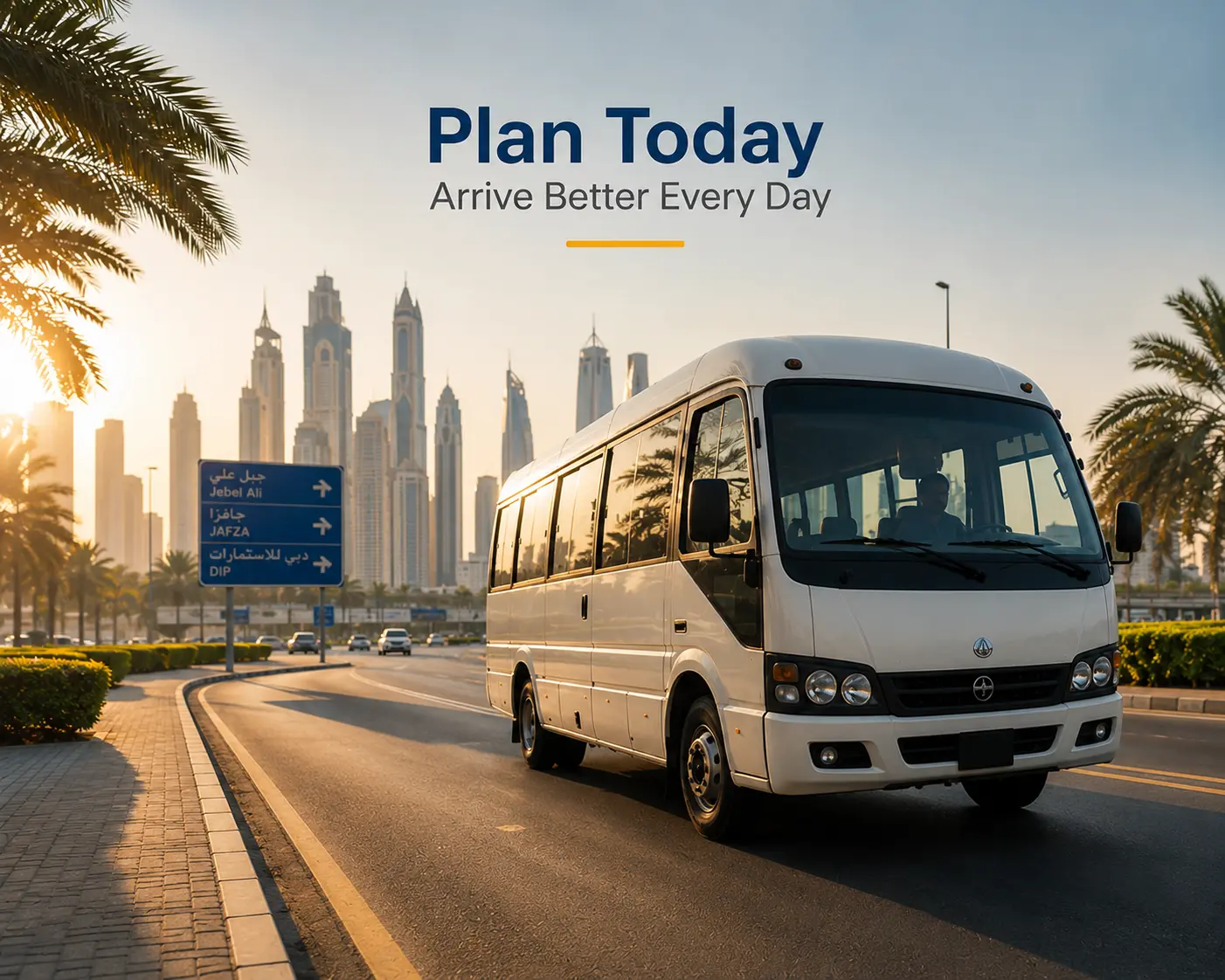 White passenger bus travelling on a Dubai road toward Jebel Ali, JAFZA, and DIP during the morning commute.