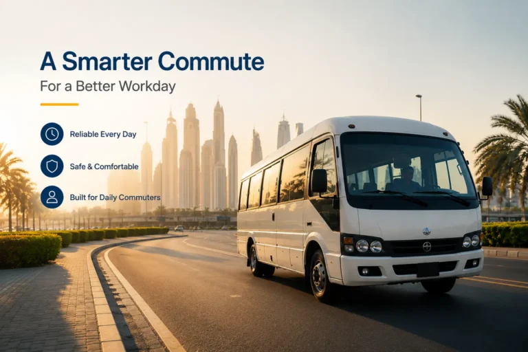 Car lift to Jebel Ali Freezone with a reliable commuter bus driving through Dubai
