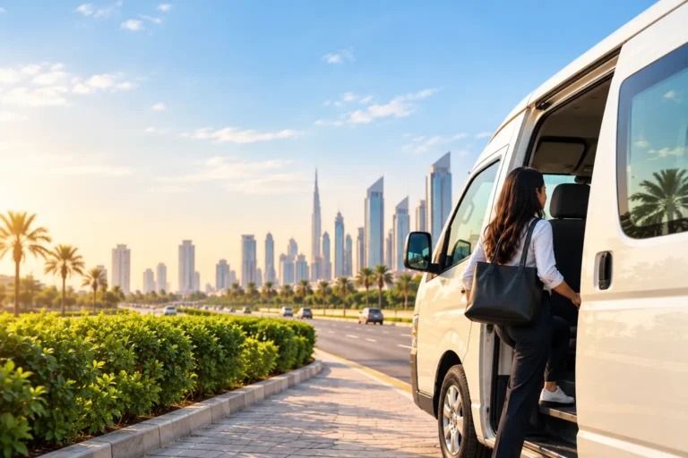 Car Lift to Jebel Ali Freezone with a passenger boarding a shared transport van on a Dubai road