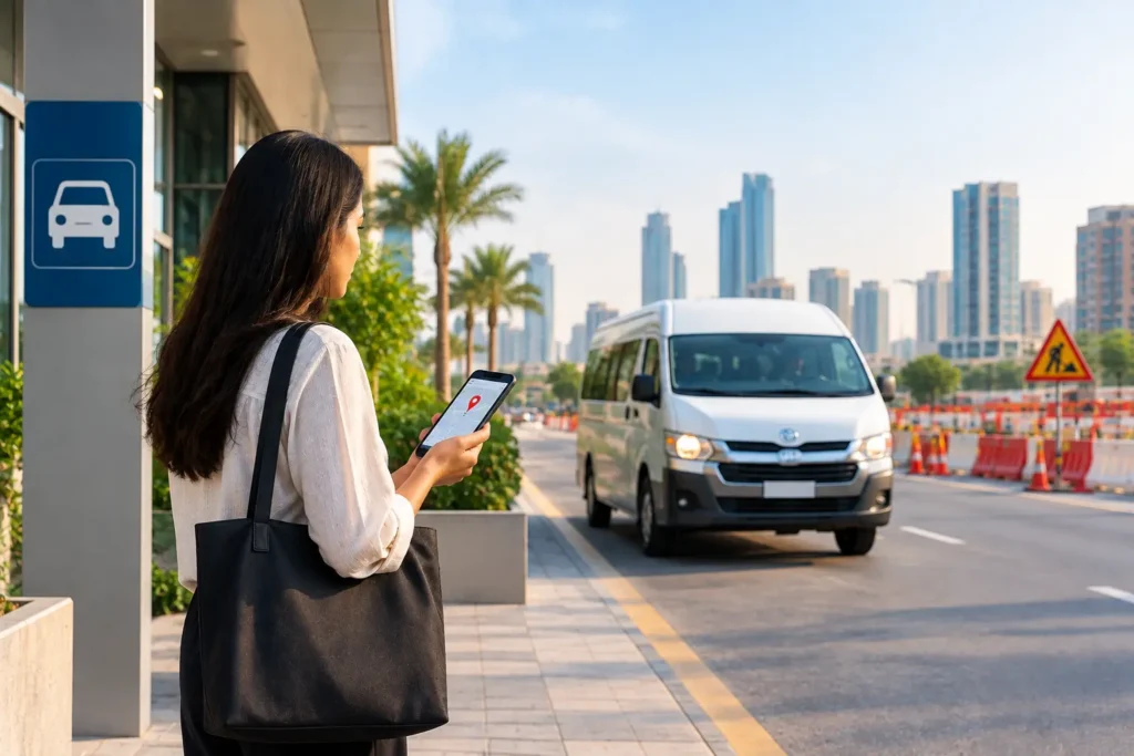 Woman checking her location while waiting for a Sharjah to Jebel Ali carlift at a designated pickup point.